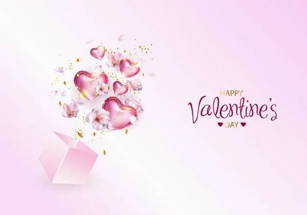 Valentinsherzen mit Geschenk-Box-Grußkarte. Florett fliegende Elemente auf rosa Hintergrund. Vektor Herz geformte Liebessymbole für glückliche Frauen, Mutter, Valentinstag, Geburtstagsgrußkarte Design — Stockvektor