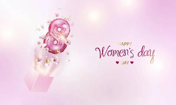 여성들은 가슴에 풍선 무늬가 있는 깃발을 팔고 있다. 3 월 8 일에는 어머니 날에 Vector March 8 balloon fly out of the box mothers Day. 국제 여성의 날 할인 제도가 핑크 색 배경을 제공하다 — 스톡 벡터