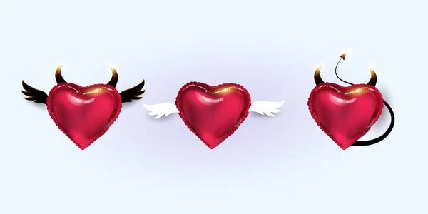 赤いホイルの風船のセット。翼、角、尾を持つ形の風船-異なる心のコレクション。バレンタインデーの装飾 — ストックベクタ