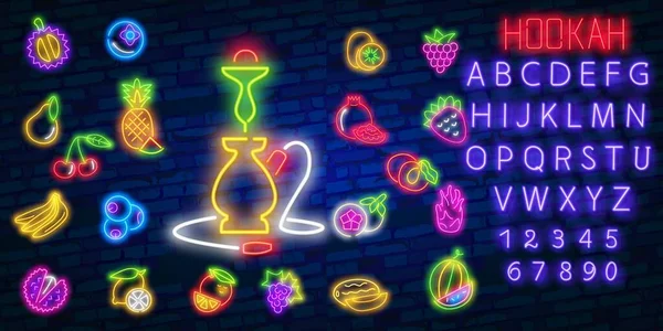 Vektor neon terisolasi yang realistis menetapkan ikon Hookah untuk dekorasi dan penutup pada latar belakang dinding. Konsep lounge hookah. - Stok Vektor