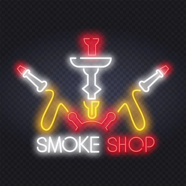 Salónek Hookah, kouřovna v neonové ceduli. Hookah s kouřící hadicí na cihlové zdi pozadí. Vektorová ilustrace v neonovém stylu pro orientální restauraci a klub — Stockový vektor