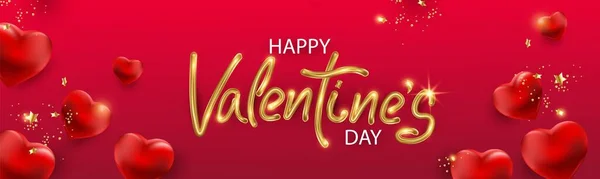 Rode Valentijnsdag achtergrond met 3D harten en gouden begroeting Vector Illustratie. Hou van de leuke banner of wenskaart. — Stockvector