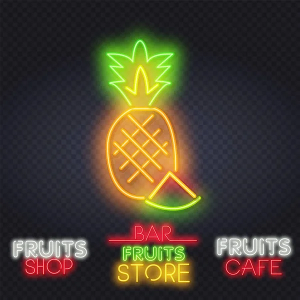 Ananas neon ışıklı ikon. Alfabe, sayılar ve sembollerle parlayan işaret. Vektör izole illüstrasyon. Ananas neon işareti. Yaz ve tatil tasarımı. Gece parlak neon ışığı. — Stok Vektör