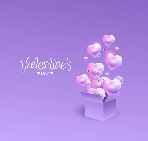 Coeurs de Saint-Valentin avec boîte cadeau carte de voeux. Des ballons roses volants sur fond violet. Symboles d'amour vectoriel en forme de coeur pour une mère heureuse, Saint Valentin, Conception de carte de voeux d'anniversaire — Image vectorielle