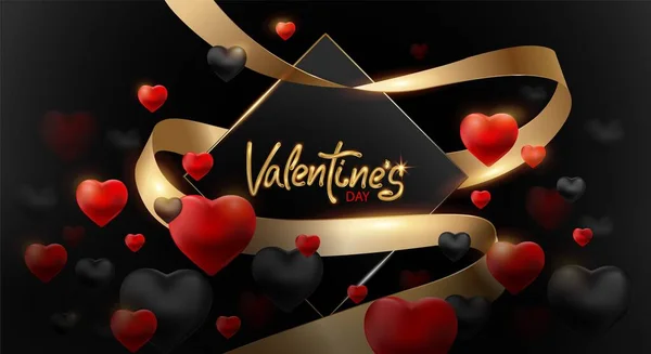 Black Valentines Day background with 3d hearts in red and black. Vector illustration. Love the cute banner or greeting card. Gold ribbon with text — Stock Vector