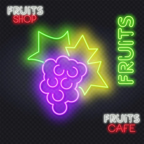 Neon ışıklarının üzümleri. Yiyecek, meyve, meyve, vitamin tasarımı. Gece lambası tabelası, renkli reklam panosu, açık renk pano. Neon biçiminde vektör illüstrasyonu. — Stok Vektör