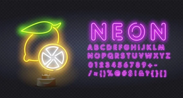 Neon belysning av gul citron. Ljusgul frukt är en citron. Modern vektor logotyp, banner, sköld, citrus bokstäver mönster. Nattreklam på bakgrunden av en tegelvägg. — Stock vektor