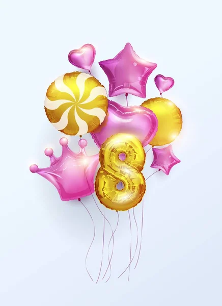 Gerçekçi Boyutlu Folyo Balonları Sekizinci Yıl Dönümü Kalbi Tacı Yıldızları — Stok Vektör