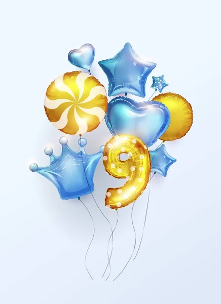 这是一个男孩 9个孩子的生日背景 有彩色的三维气球 形状是9号 蓝色和金色的王冠 — 图库矢量图片
