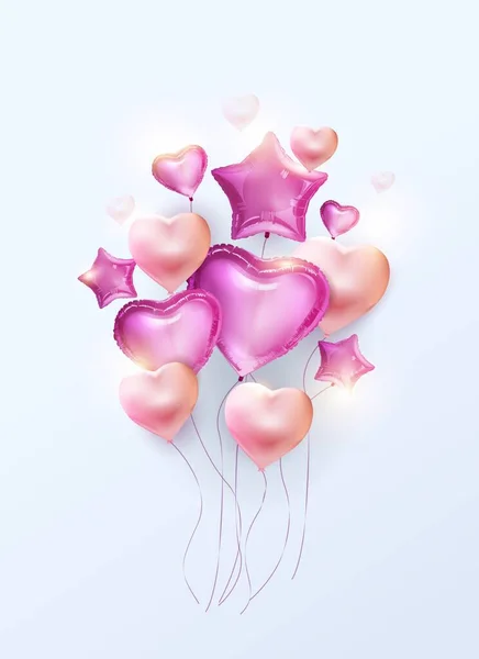 Ilustração festiva vetorial de um grupo voador de balões-corações cor-de-rosa e estrelas feitas de papel alumínio. Feliz Dia dos Namorados, Dia das Mulheres. — Vetor de Stock