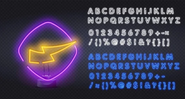 Blitzgelbes Blitz-Neonlicht-Symbol. Stromzeichen. Geschwindigkeit und Kraft. Leuchtendes Zeichen mit Alphabet, Zahlen und Symbolen. Vektor isolierte Illustration — Stockvektor