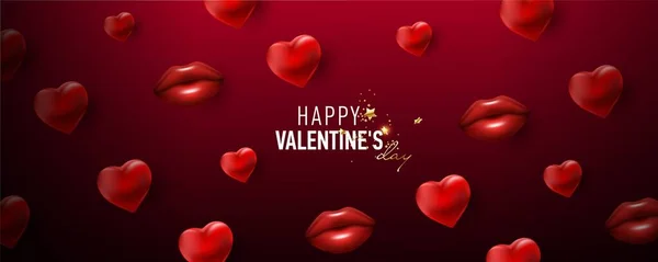 Fond Saint Valentin Rouge Avec Des Cœurs Des Lèvres Sur — Image vectorielle