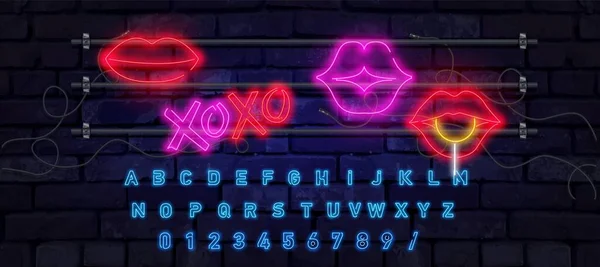 Sinal de lábios de neon retrô. Beijo romântico, bar de lábios de casal de beijos. Conjunto vetorial de realista isolado neon erótico lábios sinal para decoração e cobertura no fundo da parede. —  Vetores de Stock