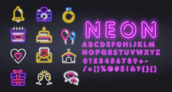 Ustaw neonowe ikony, etykietę, godło. Szczęśliwych Walentynek. Neon znak, jasny szyld, lekki sztandar. — Wektor stockowy