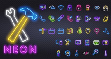 İş simgesi, neon ışığı, sembol. Dükkan renkli afiş. Telefon iletişimi neon tabela koleksiyonu. Telefon iletişim sinyalleri. Neon işaretleri.