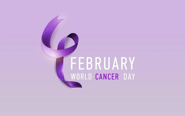 Un cartel con una cinta púrpura de cuatro dígitos y texto y mandamientos a su alrededor en honor al Día Mundial del Cáncer en febrero. — Vector de stock