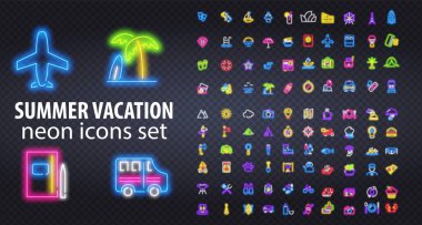 Seyahat simgeleri düz modern tarzda neon çizgiler çiziyor. Yaz neon logo koleksiyonu izole edildi. Tabela, barların, restoranların ya da gece kulüplerinin afişleri. Vektör illüstrasyonu