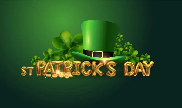 Vector St. Patricks Day affisch design mall. grön pyssling hatt och shamrock klöver. Metal guld bokstäver gratulationer.Elementen är lager separat i vektorfilen. — Stock vektor