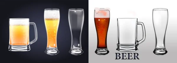 一组在透明背景下隔离的现实啤酒杯的照片。一个空杯子和一个满杯子。杯子里装满了金发啤酒和泡沫透明、现实的要素。矢量说明. — 图库矢量图片