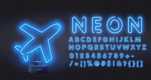 Blue neon plane icon. Element of logistics icons for mobile concept and web apps. Airplane put-down. Jet lowers altitude. Air terminal. Airliner journey. — Stock Vector