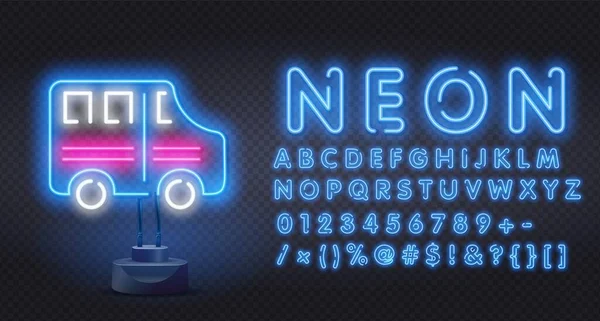 Neonowy znak autobusu turystycznego. Świecący neon podróż autobusem godło na tle ciemnej cegły ściany. Projekt wycieczki autobusem miejskim. Ilustracja wektora. — Wektor stockowy