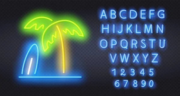 Sinal de néon tropical ilha com palmeira. Ícone de néon feito de lâmpadas com iluminação. Ondas do mar na praia. Férias em país tropical exótico. —  Vetores de Stock