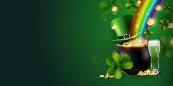 Horizontal St. Patricks Day background with beer, leprechaun hat, rainbow, coins, trefoil clover, pot and riches. Vector illustration.Space for text — Stock vektor