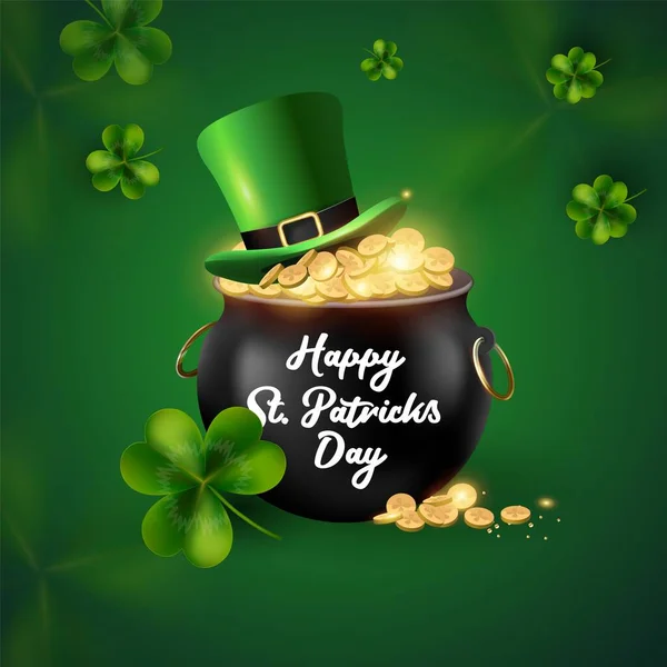 Happy St. Patricks Day greeting or banner design, coin pot and illustration of a leprechaun hat, three-litre clover on a green blurred background.Vector — Stock vektor