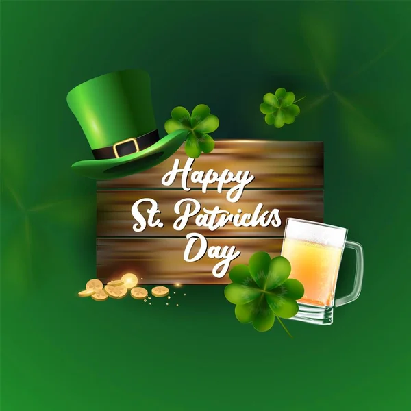 Bakgrund St Patricks Day hälsningar med en pyssling hatt och öl. Guldmynt och klöver på bakgrunden av en träskiva .vector illustration — Stock vektor