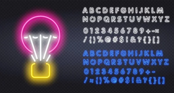Heißluftballon Festival Neonlicht-Ikone. Aerostat. Leuchtendes Zeichen mit Alphabet, Zahlen und Symbolen. Ballonfahrende Leuchtreklame. Heißluftballons, Korb, Himmel, Wolken. — Stockvektor