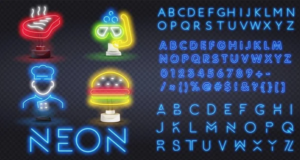 Mięso, kucharz, maska pływacka i hamburgerowy neon. Gotowanie, kuchnia i restauracja projekt reklamowy. Noc jasny neon, kolorowy billboard, lekki sztandar. Ilustracja wektora w stylu neonowym. — Wektor stockowy