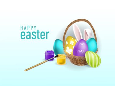 Sepetli ve gerçekçi yumurta, boya ve fırçalı Paskalya arkaplanı, bir tavşanın kulakları. Mavi arka planda mutlu Paskalya kutlamaları.