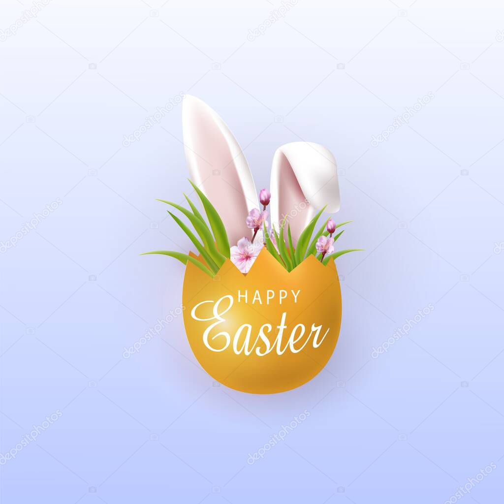 Vector realistic background for Easter. Template. Rabbit ears protrude from an egg filled with grass and flowers. Happy Easter greeting card.