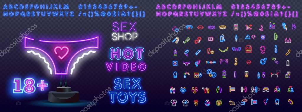 Sex Shop Neon Concept. Vector Illustration of Adult Toys Promotion.