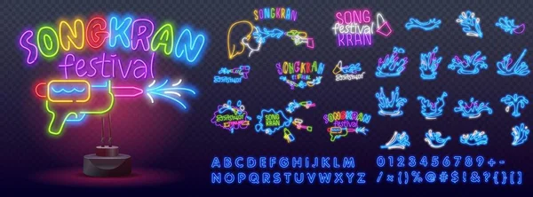 Songkran Festival Thai nuovo anno, Bangkok Thailandia tradurre - SongKran Day, vettore lettering.Songkran neon segno, cartello luminoso, banner luce. Logo, emblema ed etichetta Songkran. Insegna al neon. — Vettoriale Stock