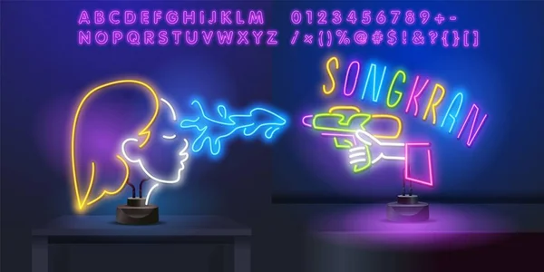 泰国Songkran节新年，泰国曼谷翻译- Songkran节，字母矢量。 Songkran霓虹灯标志，明亮的告示牌，浅色的横幅. — 图库矢量图片