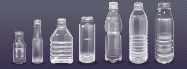 Plastik şişe seti. Boş gerçekçi plastik şişe. Boş çıkartmalı 3D şeffaf bir şişenin vektör illüstrasyonu.