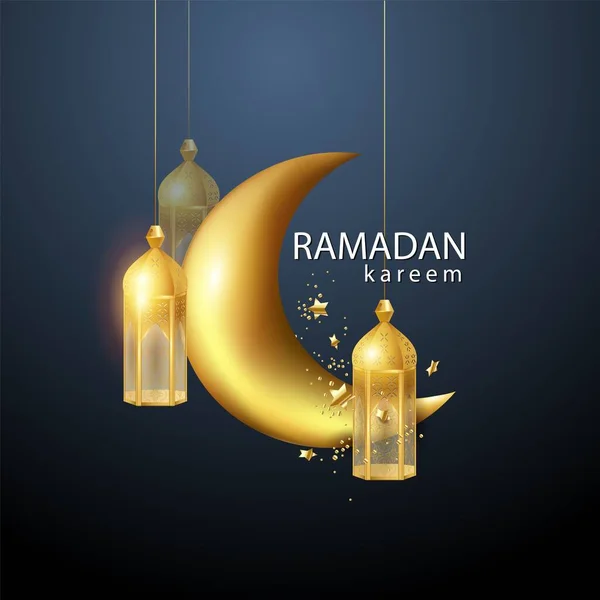 Hermoso fondo del Ramadán con hermoso fondo con patrones, linterna, luna creciente, estrellas sobre fondo oscuro. Diseño de vacaciones para las vacaciones — Vector de stock