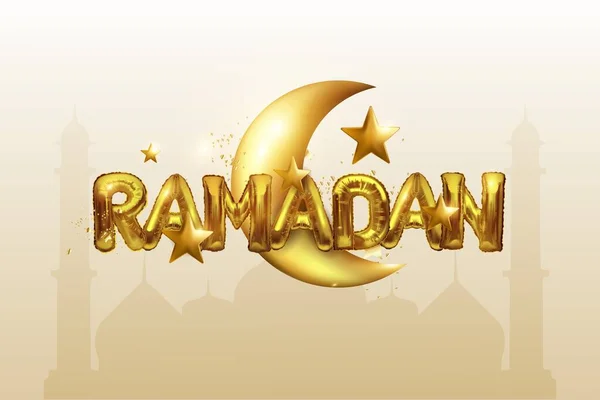 Ramadan Karim banner with 3D metal gold crescent, foil letters, stars Translation of Ramadan Karim on the background of the silhouette of the mosque. Vector. — Stock Vector