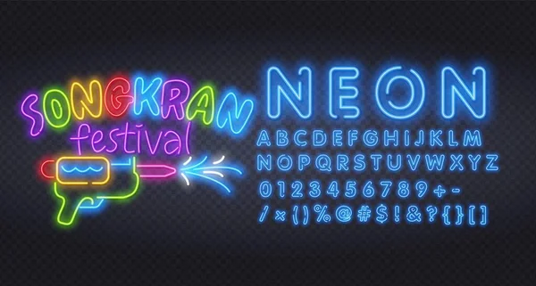 Songkran Festival Nouvel An thaïlandais, Bangkok Thaïlande traduire - Jour de SongKran, vecteur de lettre.Songkran néon signe, enseigne lumineuse, bannière lumineuse. — Image vectorielle