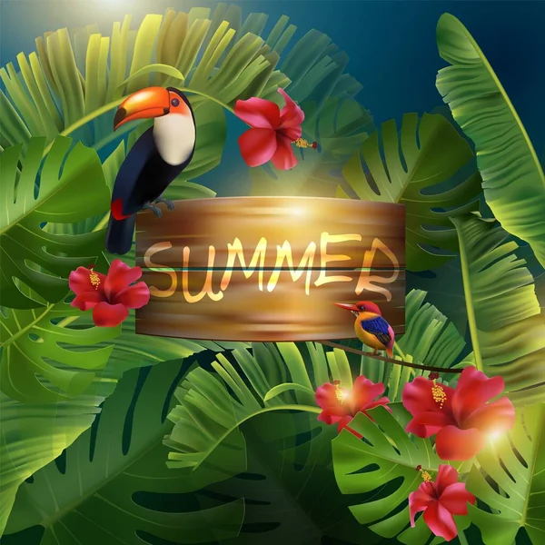 Summer time wallpaper with tropical plants, fun, vector background. A picture with tropical leaves, flowers and birds. Lettering summer on a tree for seasonal sale — ストックベクタ