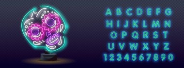 Ölü Neon Kavramı Günü. Meksika Tatil Tanıtımının Vektör İllüstrasyonu. Dia de los Muertos Neon Banner Tasarımı. Vektör İllüstrasyonu