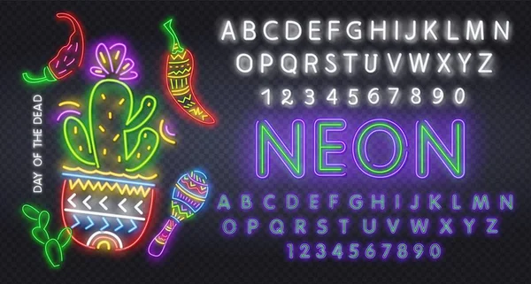 죽은 네온 개념의 날. 멕시코 홀리데이 프로모션 의 Vector Illustration of Mexico Holiday Promotion. ( 영어 ) Dia de los Muertos Neon Banner Design. 사기적 인 예 — 스톡 벡터