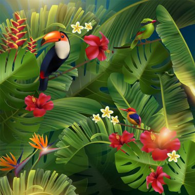 Tropikal 3 boyutlu gerçekçi kuşlar, çiçekler, seyahat için yapraklar, eğlence tasarımları. Koyu bir arka planda izole edilmiş. Çiçeksel vektör bileşimi. Tişört için parmak izi. Tropik çiçekler