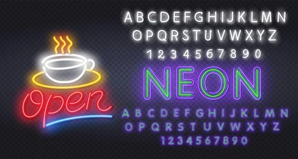 Offene Leuchtreklame mit Reflexion. Öffnen Sie Neon Text Vector und eine Ziegelwand Hintergrund Vektor Illustration. Bearbeiten von Text-Neon-Zeichen — Stockvektor