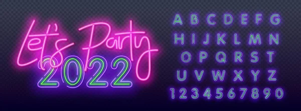 Vector Neon Emblem Lets Party 2022. Leuchtende Buchstaben, Zahlen und Symbole. Bunte, verspielte Schrift. Lasst uns Party-Leuchtschrift. Designvorlage, modernes Trenddesign, nächtliche Leuchtreklame — Stockvektor