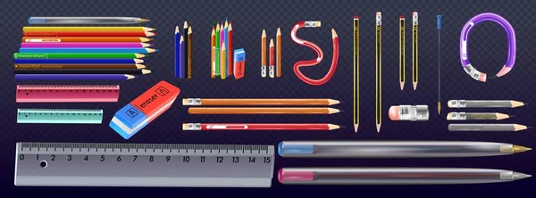 Crayon vectoriel en bois jaune réaliste avec gomme. Modèle de bureau détaillé affûté, instrument scolaire, créativité, idée, éducation et symbole de design. set crayon coloré — Image vectorielle