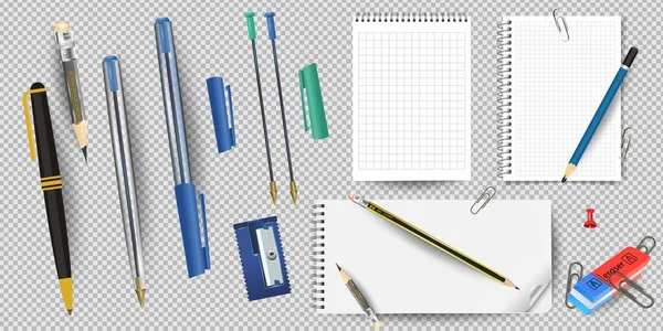 Cuaderno y lápiz realistas forrados de blanco, sacapuntas y borradores, bolígrafos y clips aislados en la ilustración de vectores de fondo blanco. bloc de notas y lápiz para escribir — Vector de stock