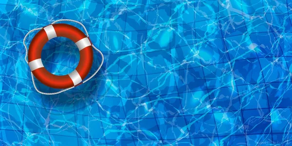 Vektor-Illustration der Rettungsboje im Wasser. Wasser-Pool Sommer Hintergrund mit 3D-roten Pool Schwimmerring. Bunte Vektor-Plakatvorlage für den Sommerurlaub. — Stockvektor