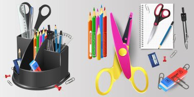 Okul organizatörü elinde makas, kalem ve kalemle. Beyaz arka planda renkli kalem kutusu. Okul malzemeleri çizgi film illüstrasyonu. Düz simge tasarımı. Ayrı nesneler.